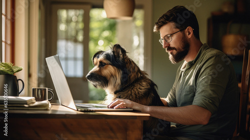 A man with his dog working at laptop computer at home