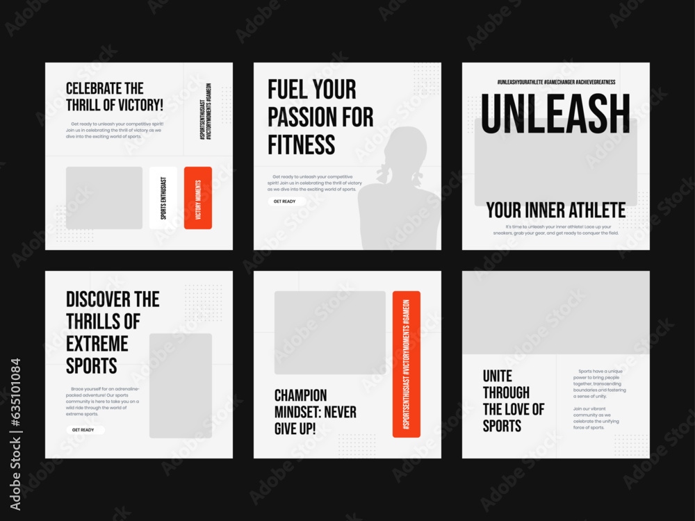 Sport Gym Fitness Promotion Set, featuring Square Banner and Social Media Post Feed Templates. Immerse your audience in the world of fitness and wellness with this cohesive design. 