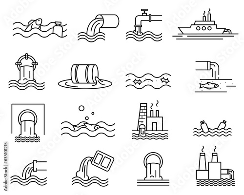 Waste water and sewage line icon set. Pollution line icon. Water treatment icon set. Editable stroke.