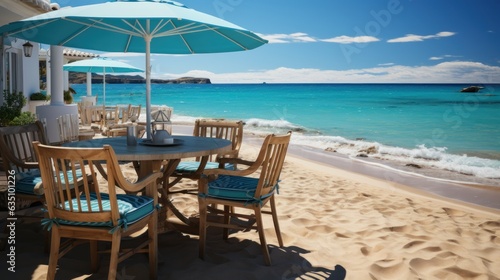Photorealistic shot of chairs and dining table on beach and sea with blue sky © Dushan