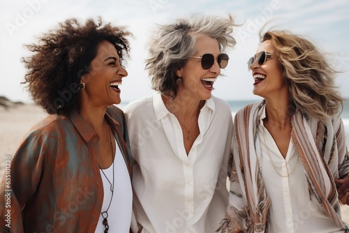 Obraz na płótnie a photo of three diverse middle-aged mature women in modern stylish clothes smiling, on a vacation at the seaside or beach, mature friendship representation