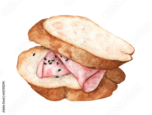 Watercolor painting of Slice bread with ham, Delicious sandwich.