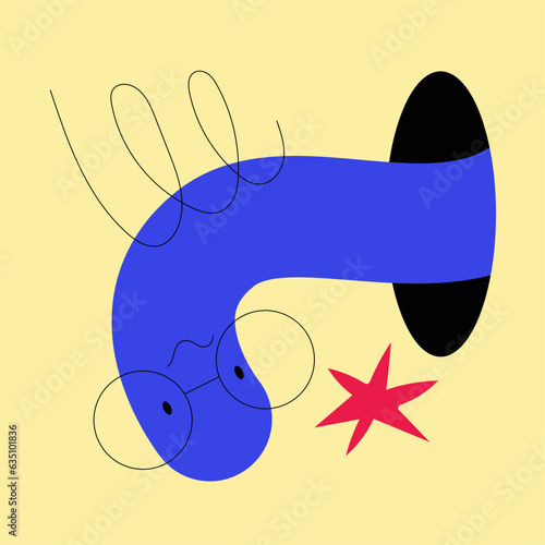 Geometric Funny Worm Character Looking Through and Out of Hole Vector Illustration