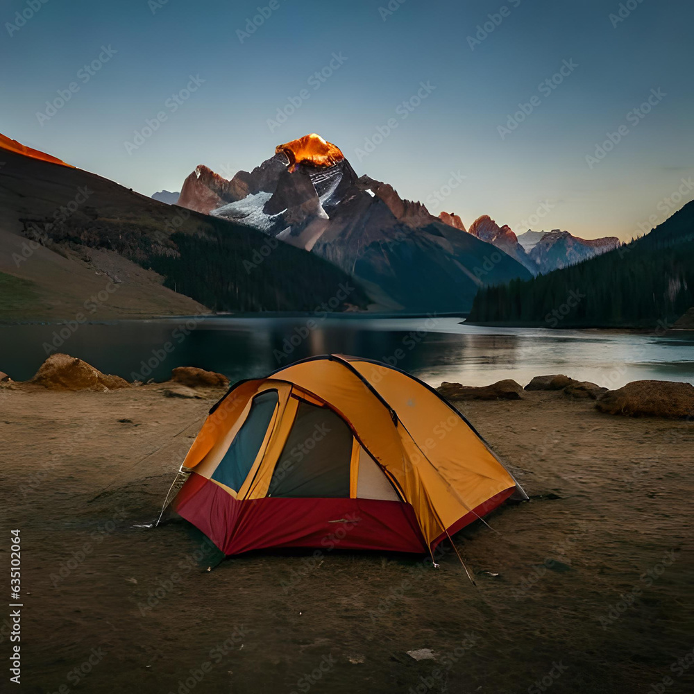 Beautiful sunrise. Tourist tent on the top of the mountain. Beautiful landscape and sunrise. Generative AI
