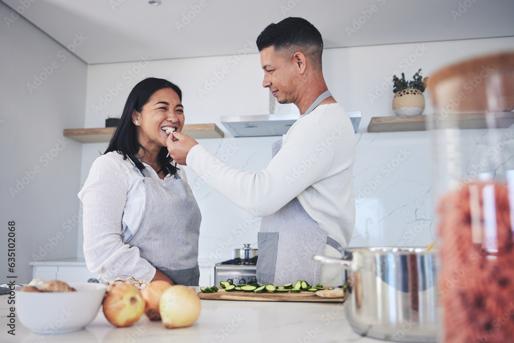 Feeding, cooking and love with couple in kitchen for food, health and lunch recipe. Happy, nutrition and dinner with man and woman cutting vegetables at home for diet, wellness and romance together Feeding, cooking and love with couple in kitchen for food, health and lunch recipe. Happy, nutrition and dinner with man and woman cutting vegetables at home for diet, wellness and romance together