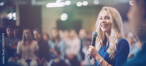 Businesswoman motivational speaker standing on stage in front of an audience for a speech at conference or business event. Talks about Success, Leadership, Technology, and How To Be Productive.