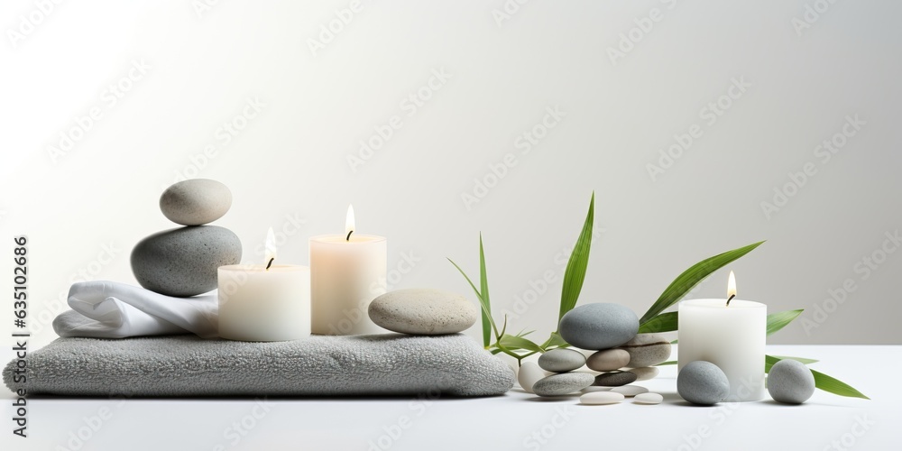 Set of white towels, scented candles and accessories for spa treatments on white background. Zen stones.