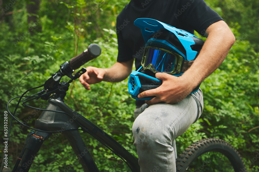 Mountain bike, man and helmet, forest and sports with adventure and fitness in nature outdoor. Cycling, biker and travel with athlete, exercise training and ready to ride, bicycle and challenge Mountain bike, man and helmet, forest and sports with adventure and fitness in nature outdoor. Cycling, biker and travel with athlete, exercise training and ready to ride, bicycle and challenge