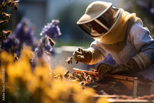 Fototapeta a professional beekeeper wearing a protective clothing and veil taking care of h