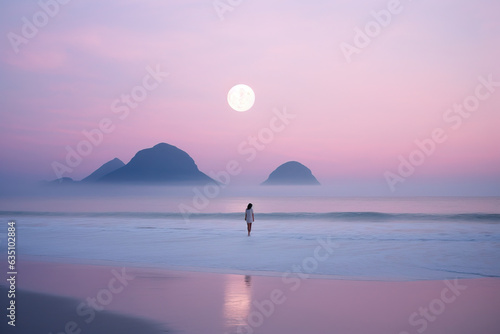 Lone person viewing the moon rise on the beach photo