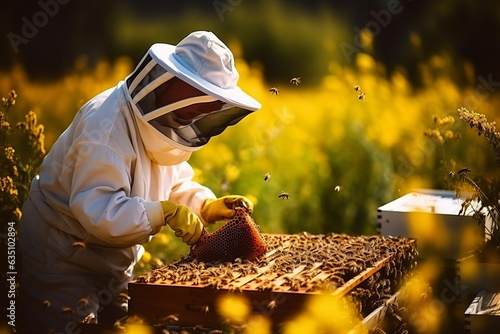 Photographie a professional beekeeper wearing a protective clothing and veil taking care of h