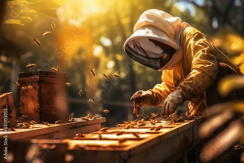 a professional beekeeper wearing a protective clothing taking care of his bee hive in the urban setting, harvesting honey from bee stocks at the top of a city skyscraper. modern beekeeping