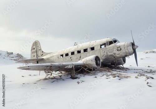 Crashed airplane wreck in the snow photo