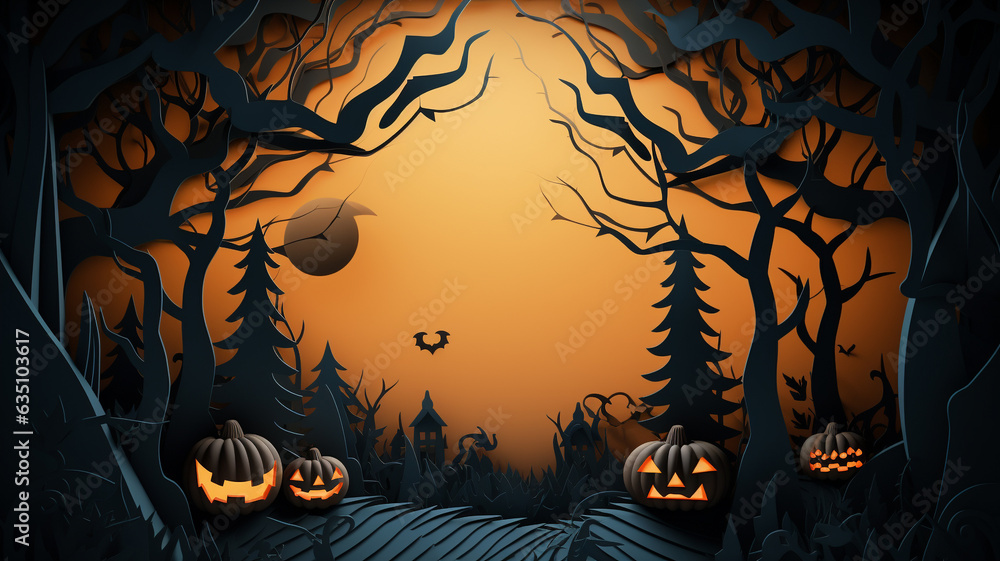 Halloween background with copyspace for your design. Halloween concept. Paper Art concept. Generative AI.