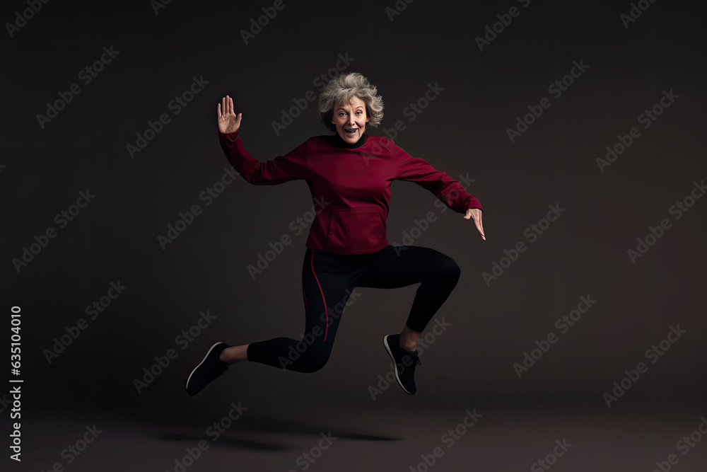 A cheerful and confident grandmother dances in a dark studio in a casual outfit