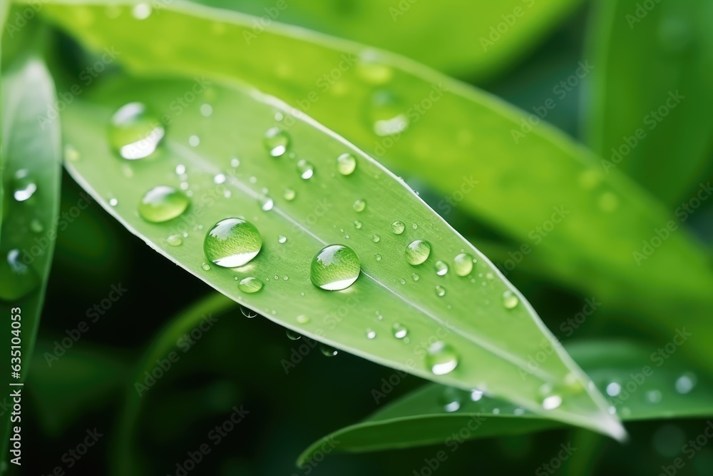 Dew drops on green leaf. meadow grass in drops rain Dew drops on green leaf. meadow grass in drops rain