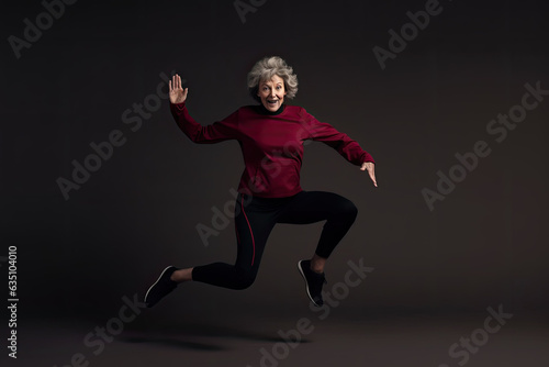 A cheerful and confident grandmother dances in a dark studio in a casual outfit © Andrii Zastrozhnov