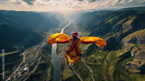 An adventurous wingsuit flyer soaring over a winding river nestled between two lush, green mountains, embracing the thrill of flight. Generative AI photo