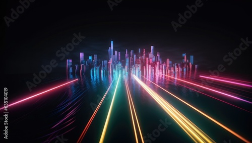 A futuristic city skyline with colorful neon lights and streaks of light in the dark background.
