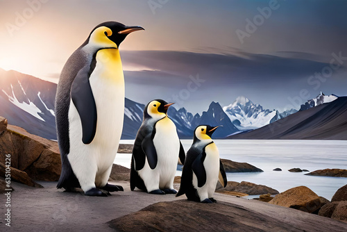 Penguin colony animals. Flock of Humboldt Penguins. Generative AI