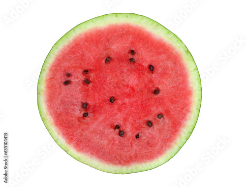 Watermelon cross section isolated. Fruity flesh of round watermelon with seeds top view.
