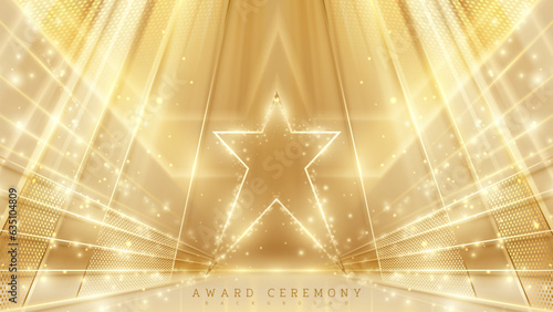 Luxury award ceremony stage scene with gold star frame elements and glitter light effects decorations with bokeh. Elegant background design concepts. Vector illustration.