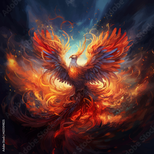 Phoenix. Fire Phoenix risen from the ashes. Firebird. Burning bird. Eagle flying in the fire. Bird in the fire. Fantasy Fiery bird. Mythical Creature. Legend. Fairy. Isolated on black. Fire background