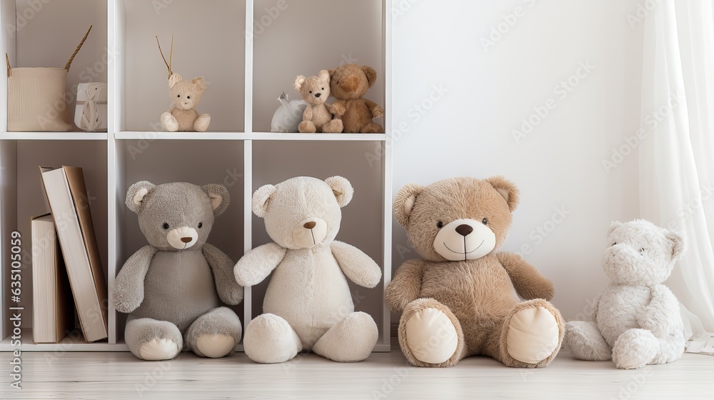 A collection of adorable stuffed animals neatly arranged in a child's room, creating a cozy and colorful atmosphere. Generative AI A collection of adorable stuffed animals neatly arranged in a child's room, creating a cozy and colorful atmosphere. Generative AI