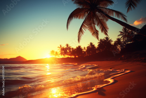 Tropical tranquility. Silhouette palm tree on sandy beach. A relaxing oasis of exotic paradise, sun, and ocean waves. Perfect for your getaway dreams and honeymoon escapes. © remake