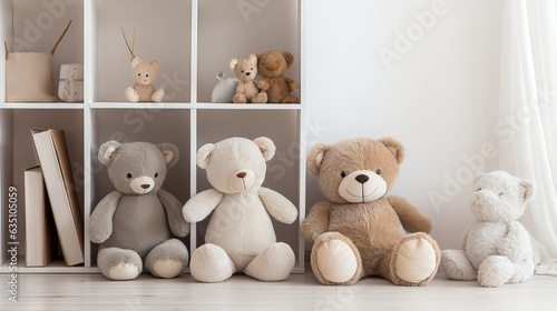 A collection of adorable stuffed animals neatly arranged in a child's room, creating a cozy and colorful atmosphere. Generative AI © Sebastián Hernández