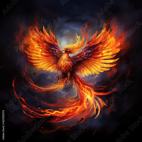 Phoenix. Fire Phoenix risen from the ashes. Firebird. Burning bird. Eagle flying in the fire. Bird in the fire. Fantasy Fiery bird. Mythical Creature. Legend. Fairy. Isolated on black. Fire background © Zakhariya