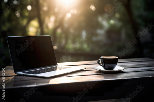 Laptop and coffee mug on wooden table during sunset