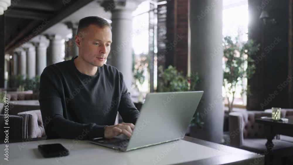 Portrait Of Businessman Using Laptop In Cafe, Freelancer Man With Gadget Surfing Internet Portrait Of Businessman Using Laptop In Cafe, Freelancer Man With Gadget Surfing Internet