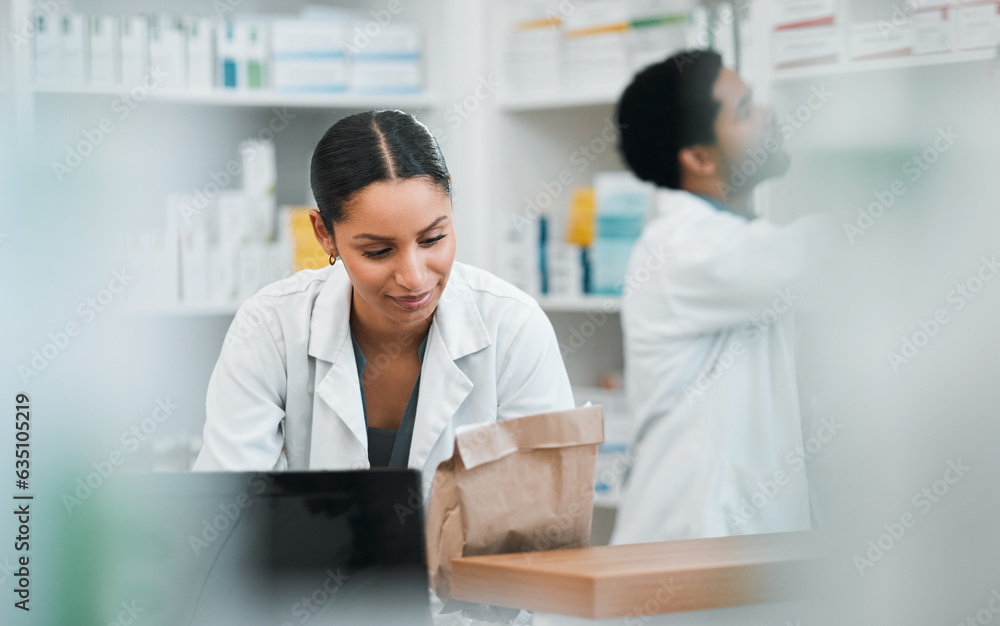Pharmacist, people and paper bag for medicine, stock inventory and retail management by help desk. Medical worker or doctor in pharmacy, drugs or product packaging for customer service in healthcare Pharmacist, people and paper bag for medicine, stock inventory and retail management by help desk. Medical worker or doctor in pharmacy, drugs or product packaging for customer service in healthcare