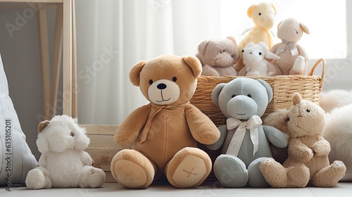 A collection of adorable stuffed animals neatly arranged in a child's room, creating a cozy and colorful atmosphere. Generative AI