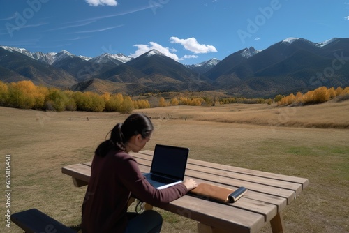 A person is working remotely in laptop outside in nature