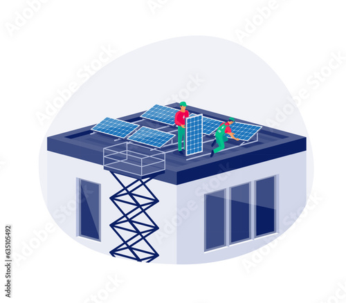 Solar panels installation on house flat roof. Construction technician workers connecting the home renewable power energy system to grid on business apartment building. Clean electricity production. (ID: 635105492)