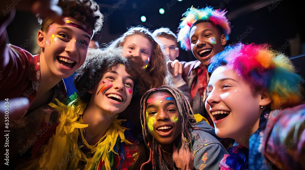 A group of joyful young people having a blast at a party, capturing the moment with a lively group selfie. Generative AI A group of joyful young people having a blast at a party, capturing the moment with a lively group selfie. Generative AI