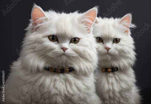 2 white Persian cats looking at you with black background