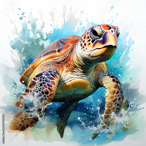 Big sea turtle watercolor painting. Sea Turtle Turquoise Ocean life Art