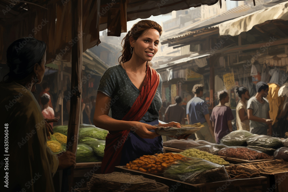 The woman standing at a local market, her face animated as she chats with vendors and neighbors The woman standing at a local market, her face animated as she chats with vendors and neighbors