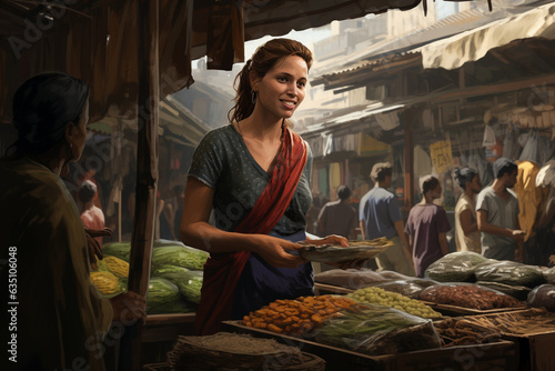 The woman standing at a local market  her face animated as she chats with vendors and neighbors 