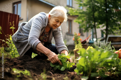 The elderly woman participating in a community gardening project, her sense of purpose and community shining through 