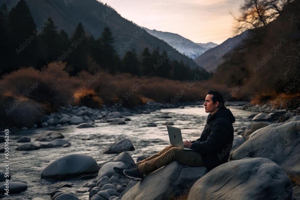 A person is working remotely on a laptop outdoor near river