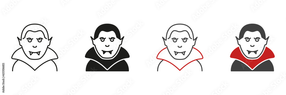 Dracula Line and Silhouette Icon Set. Spooky Dracula, Scary Vamp Portrait. Halloween Costume Black and Color Symbol Collection. Halloween Character Pictogram. Isolated Vector Illustration Dracula Line and Silhouette Icon Set. Spooky Dracula, Scary Vamp Portrait. Halloween Costume Black and Color Symbol Collection. Halloween Character Pictogram. Isolated Vector Illustration