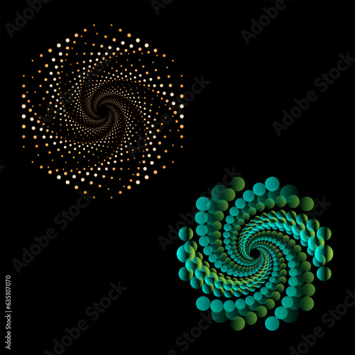 Set of fantastic molecular dots spiral vortex elements. Swirl pattern dotted shape vector illustration.