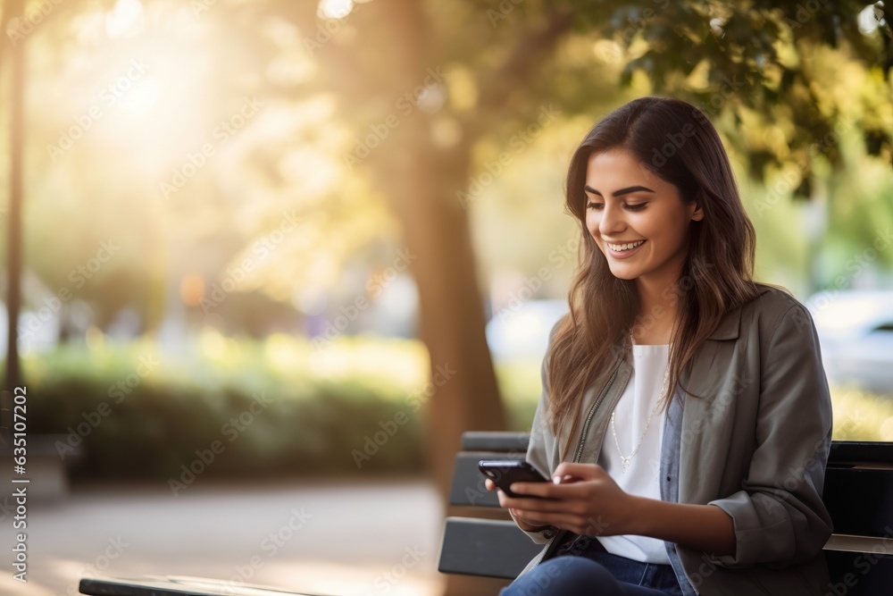 woman is browsing smartphone while sitting in park woman is browsing smartphone while sitting in park