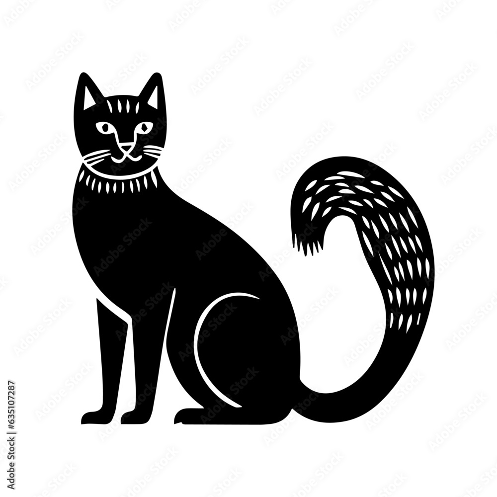 Hand carved block print cat in linocut style, textured silhouette childish vector illustration, isolated on white.