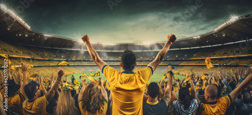 back view of fans screaming supporting australian team at world cup in stadium wearing yellow and green
 photo