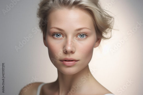 Young adult Nordic blonde woman  beautiful lady pretty Scandinavian model with blond hair looking at camera on light background  close up face portrait. Skin care  cosmetics advertising.